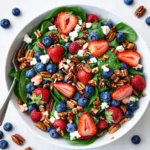15-Minute Strawberry Spinach Salad with balsamic glaze in a wooden bowl