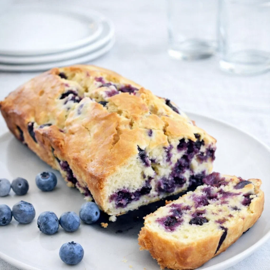 Sliced Blueberry Cream Cheese Bread on a wooden board