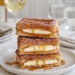 Golden brown Churro Cheesecake bar with cinnamon sugar topping