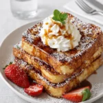 A stack of golden Cozy and Easy French Toast with berries and maple syrup.