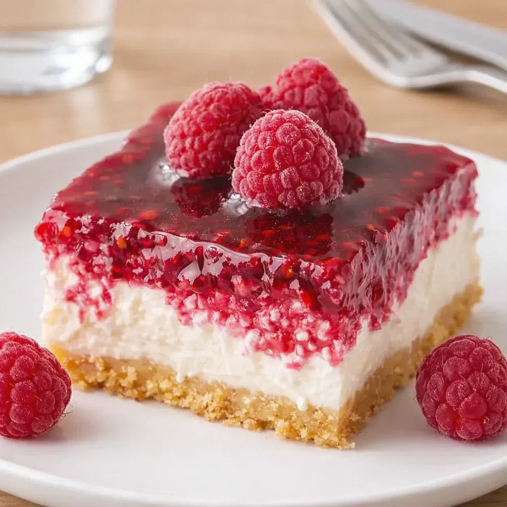 A delicious slice of Creamy Raspberry Cheesecake on a plate.