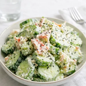 Easy California Roll Cucumber Salad in a glass bowl with chopsticks
