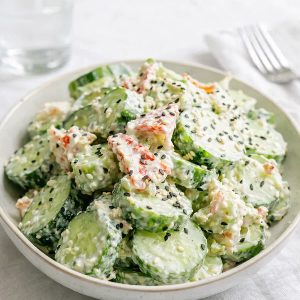 Easy California Roll Cucumber Salad in a glass bowl with chopsticks