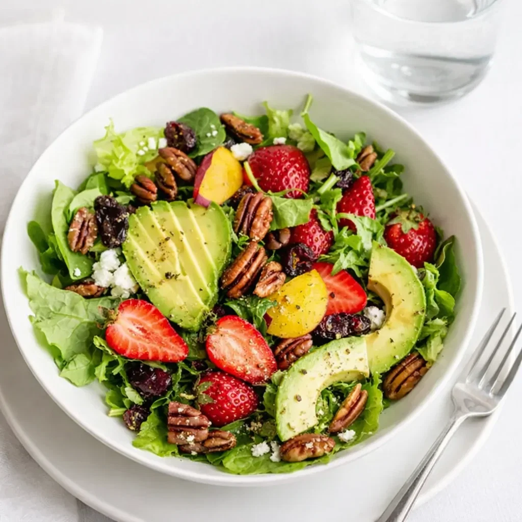 Easy Easter Spring Salad with Fruit in a white bowl on a wooden table