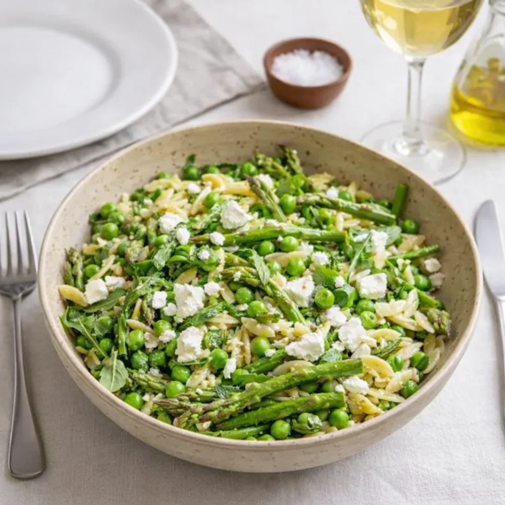 Fresh Spring Orzo Pasta Salad Recipe in a white ceramic bowl on a wooden table.