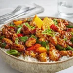Juicy Blackstone Orange Chicken sizzling on a griddle