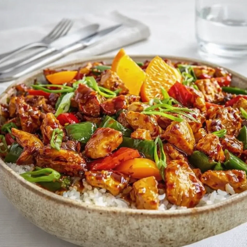 Juicy Blackstone Orange Chicken sizzling on a griddle