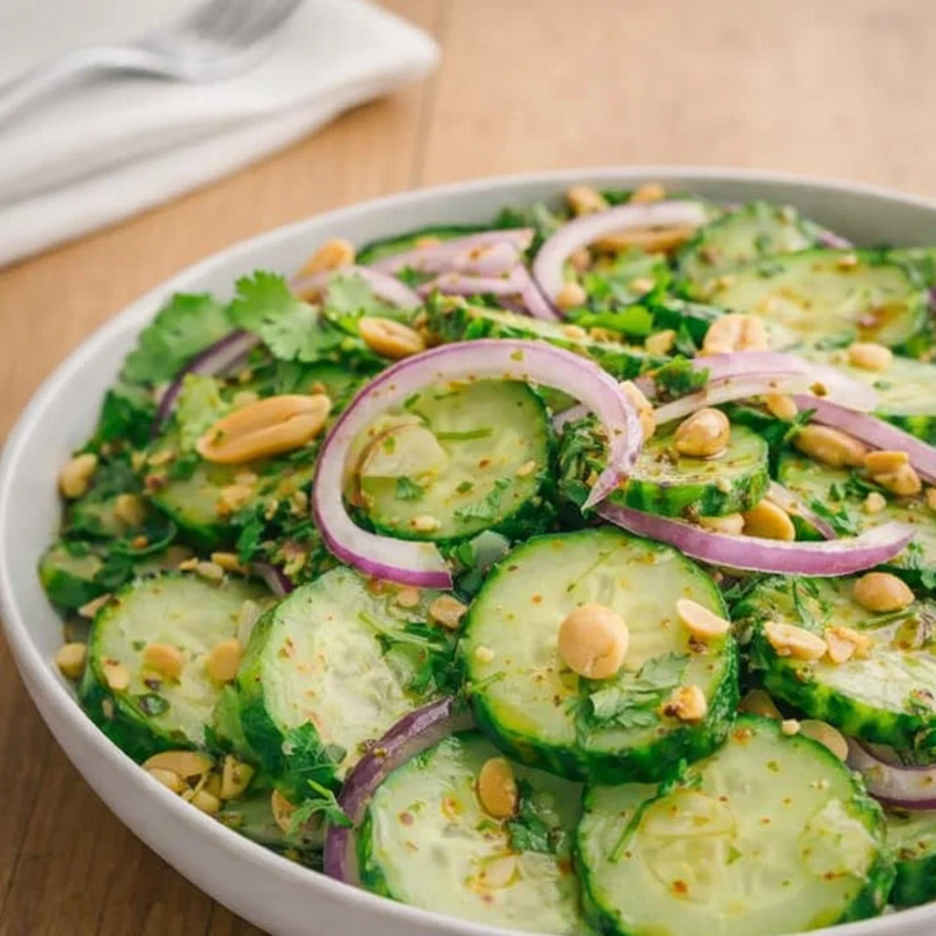 A bowl of fresh Juicy Thai Cucumber Salad with peanuts and cilantro.