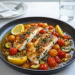 Mediterranean Baked Fish in a white baking dish with roasted vegetables and lemon.