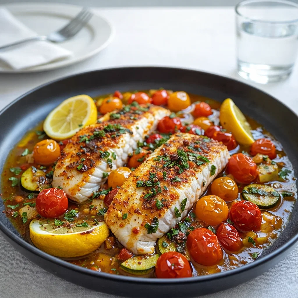 Mediterranean Baked Fish in a white baking dish with roasted vegetables and lemon.