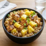 Savory Pineapple Chicken and Rice in a skillet