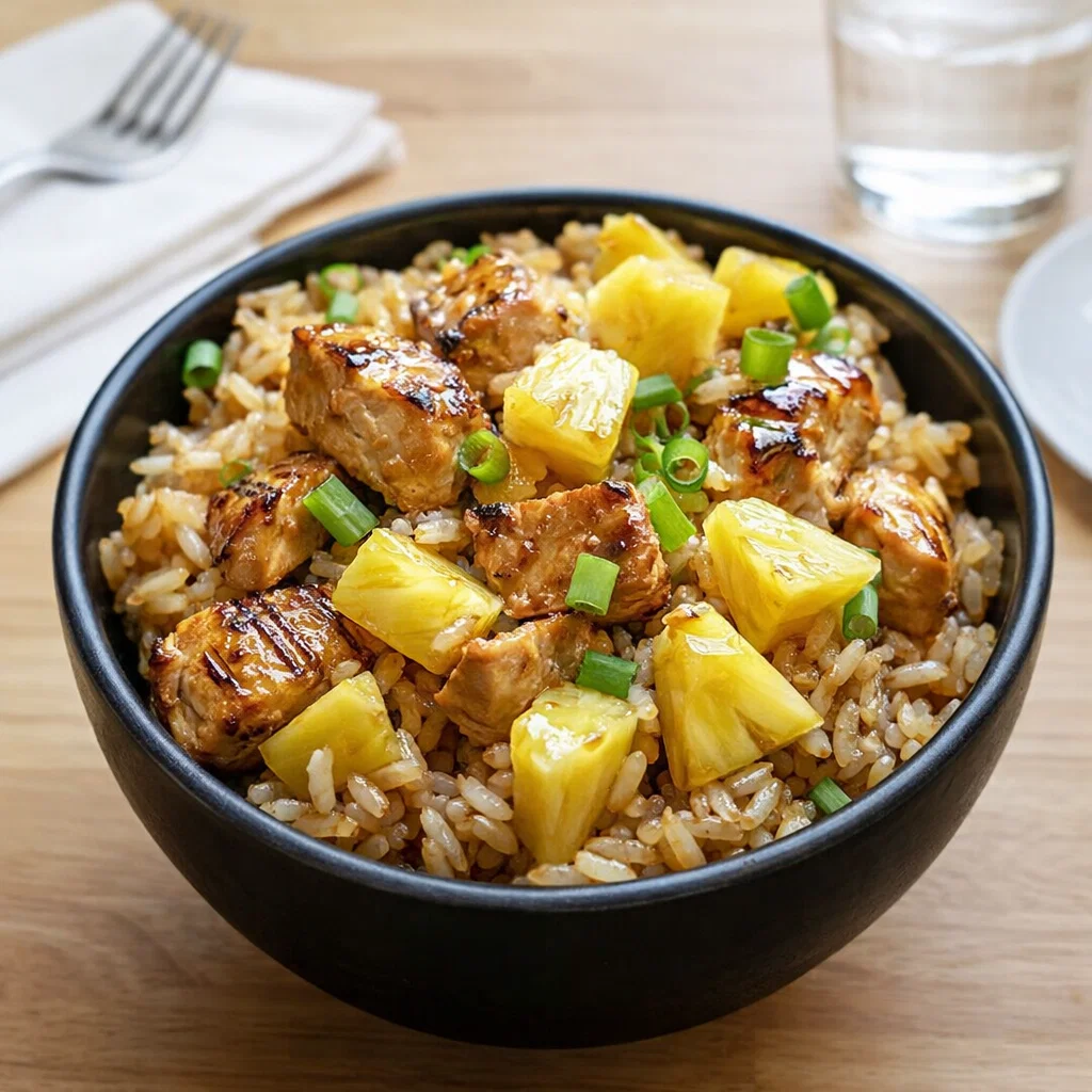 Savory Pineapple Chicken and Rice in a skillet