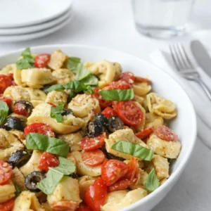 A bowl of Roasted Red Pepper and Parmesan Tortellini Salad on a wooden table.