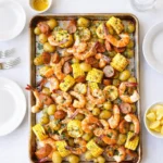 A delicious Sheet Pan Shrimp Boil with corn, sausage, and potatoes.
