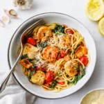 Shrimp and Scallop Pasta With Veggies in a white bowl