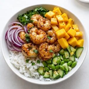 Fresh Shrimp Avocado Mango Bowl with jasmine rice and lime