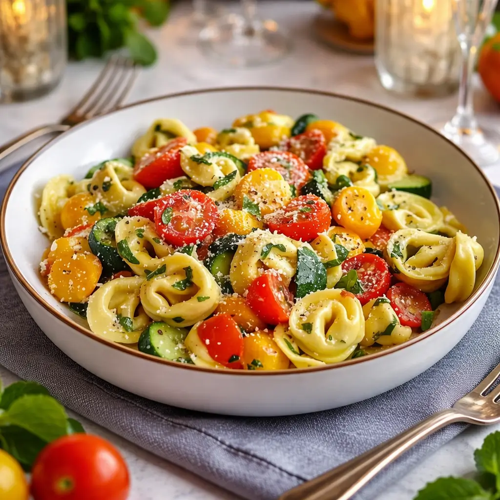 A vibrant bowl of Tortellini with Summer Veggies with basil and parmesan.