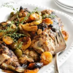 Roasted Apricot Chicken with Olives on a sheet pan