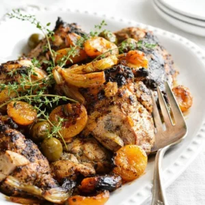 Roasted Apricot Chicken with Olives on a sheet pan