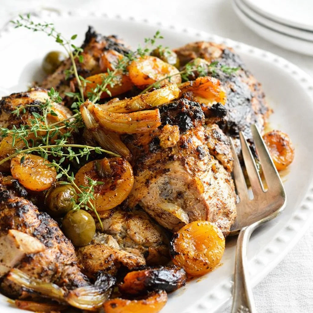 Roasted Apricot Chicken with Olives on a sheet pan