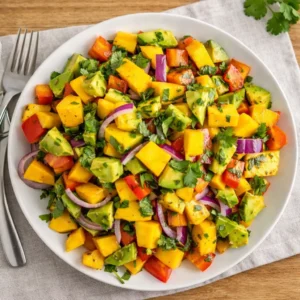 Vibrant Avocado and Mango Salad in a white bowl on a wooden table.