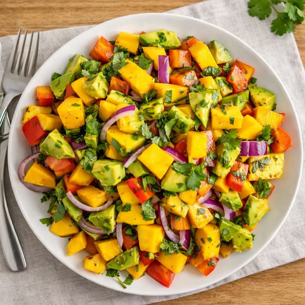 Vibrant Avocado and Mango Salad in a white bowl on a wooden table.
