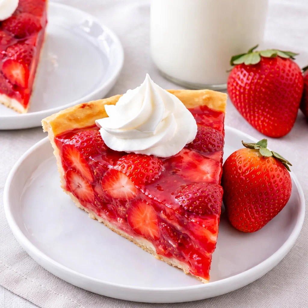 A delicious Strawberry Pie with glossy red glaze and whipped cream.