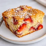 A freshly baked Cozy Strawberry Earthquake Cake with cream cheese swirls in a baking pan.