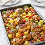 A colorful Hawaiian Chicken Sheet Pan with pineapple and bell peppers.