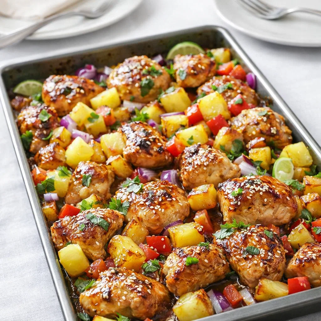 A colorful Hawaiian Chicken Sheet Pan with pineapple and bell peppers.