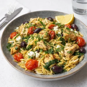 High Protein Mediterranean Chicken Orzo in a skillet with feta and spinach