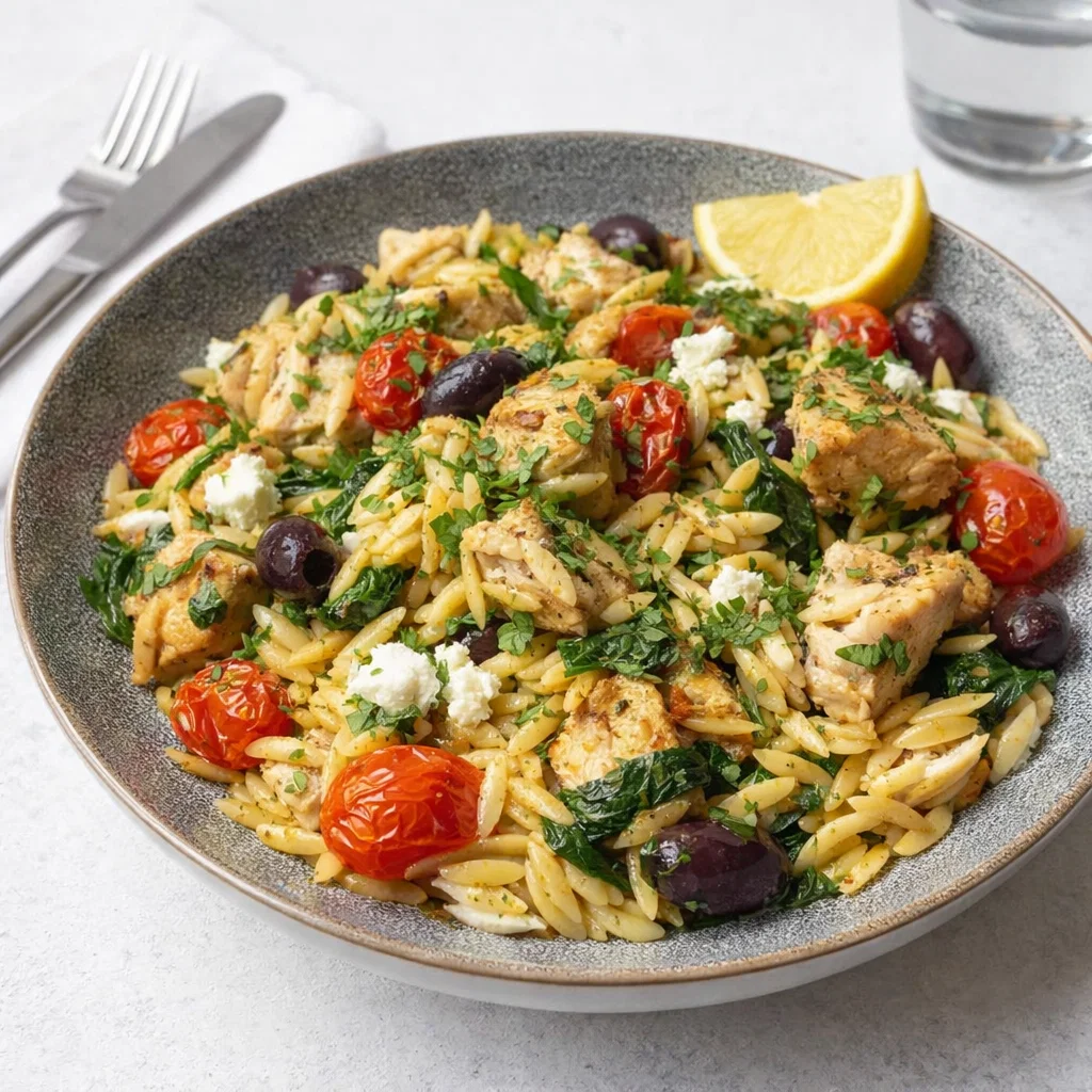 High Protein Mediterranean Chicken Orzo in a skillet with feta and spinach