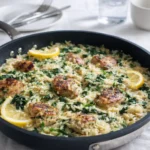 A creamy lemon garlic chicken orzo skillet garnished with lemon slices and spinach in a black pan.