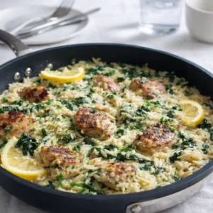 A creamy lemon garlic chicken orzo skillet garnished with lemon slices and spinach in a black pan.