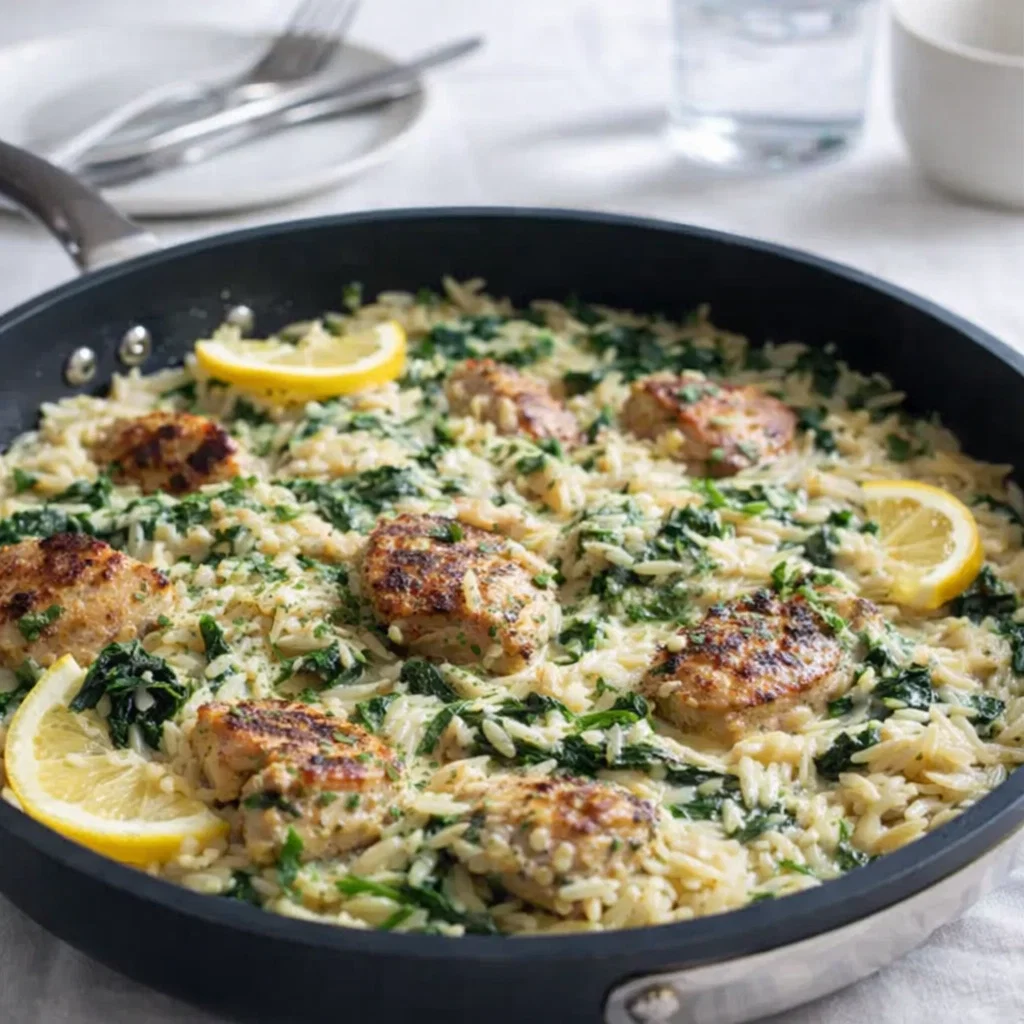A creamy lemon garlic chicken orzo skillet garnished with lemon slices and spinach in a black pan.