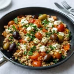 Mediterranean Keto Ground Chicken Skillet with Olives and Feta in a cast iron pan
